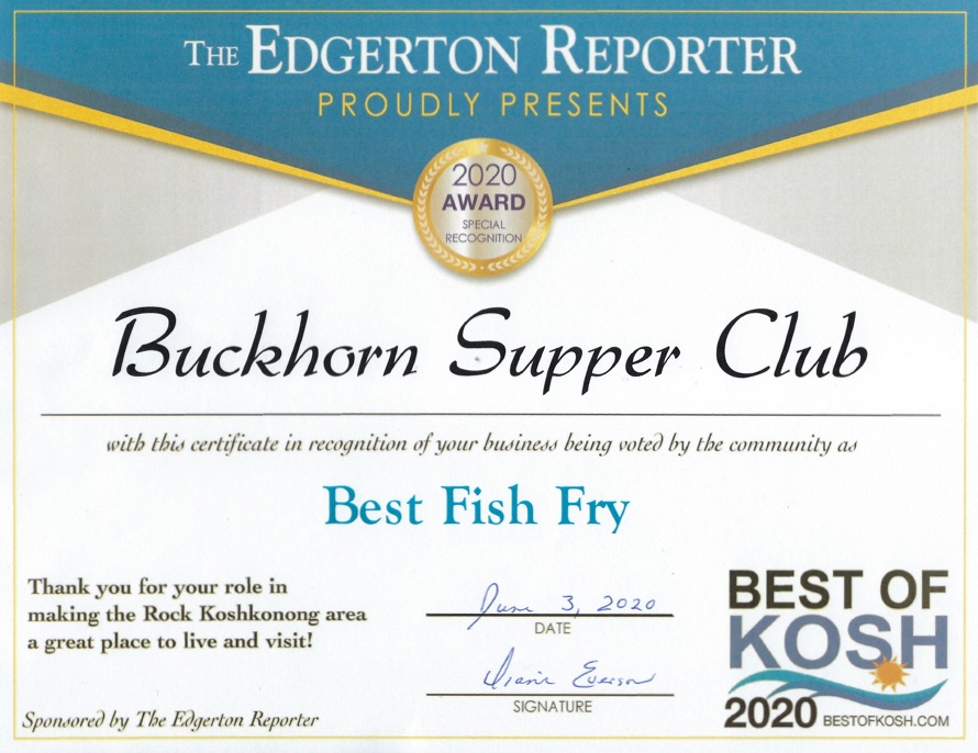 Buckhorn Supper Club Best Fish Fry Award